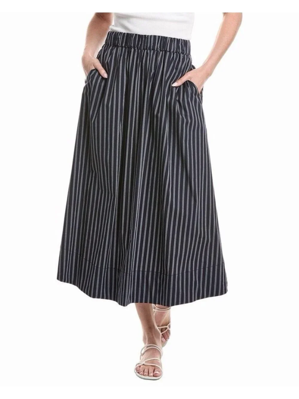 Ellen Tracy Navy Striped Pull On Maxi Skirt Size Medium